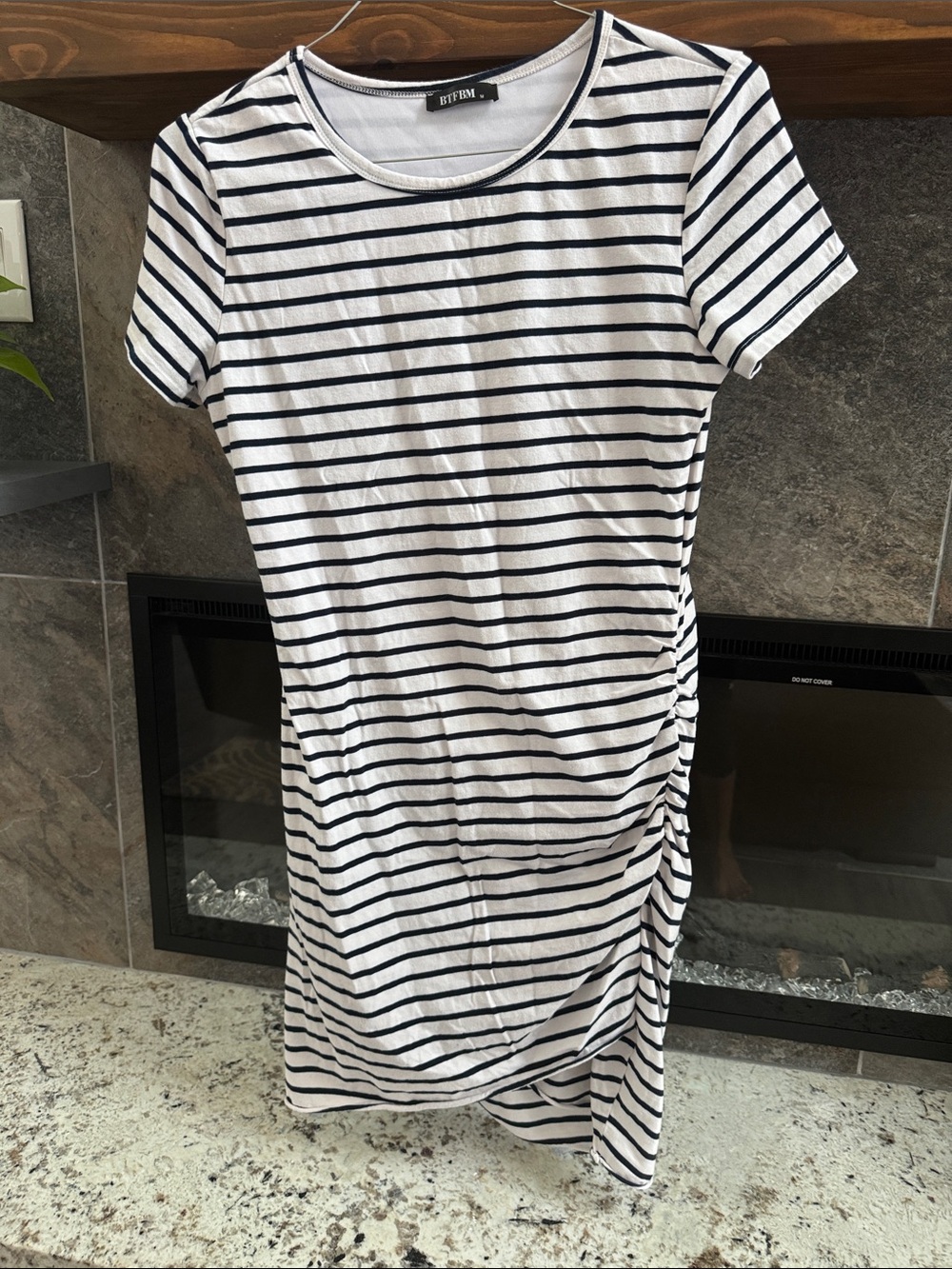 BYFEM Striped Short Sleeve Midi Dress in White and Navy
